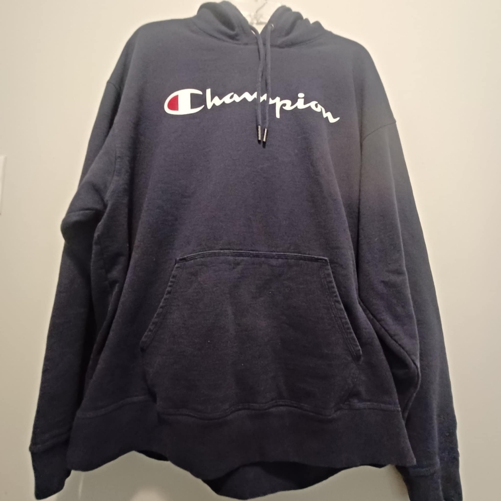 Champion Hoodie 2XL Adult Navy Blue Pullover Sweatshirt‎ Logo Pockets Mens XXL
